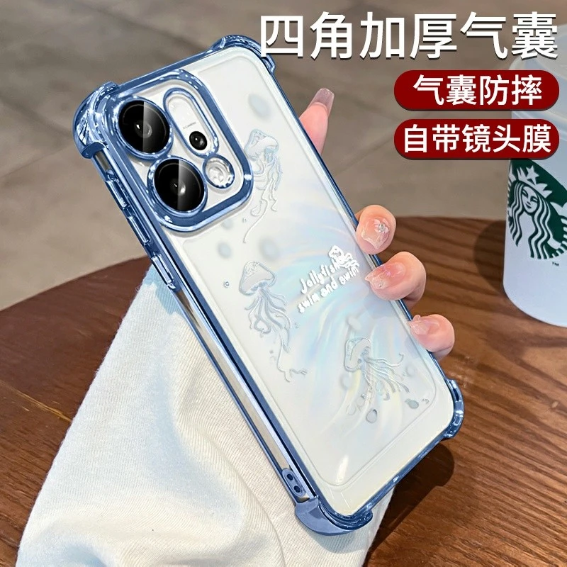 海洋水母适用opporeno14新款手机壳reno13pro腕带r12支架oppo透明