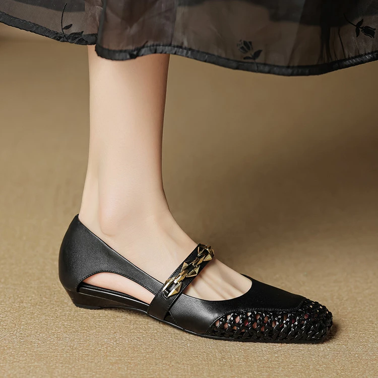 法式真皮凉单鞋夏季粗跟低跟玛丽珍鞋夏季新款镂空透气女鞋配裙子