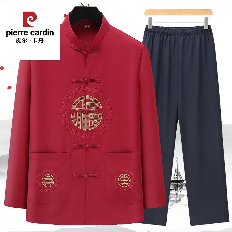 皮尔卡丹春夏唐装男中老年爸爸棉麻套装爷爷装中国风长袖老人衣服