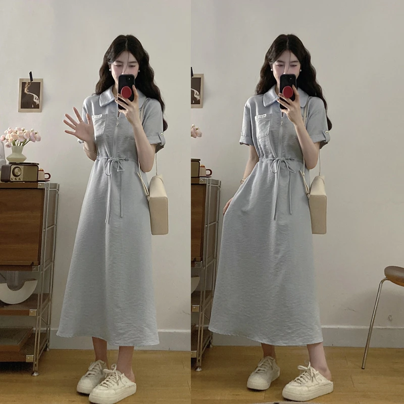 大码夏季新款法式复古韩版休闲翻领收腰显瘦长款连衣裙遮肚子裙子