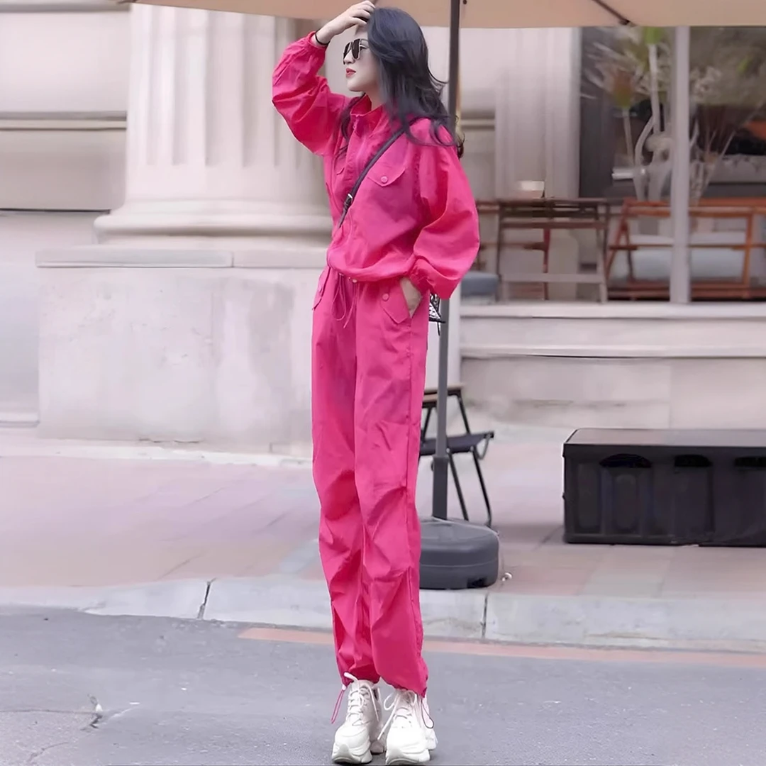 玫红色休闲运动套装女户外健身跑步抽绳外套束脚裤秋装搭配一整套
