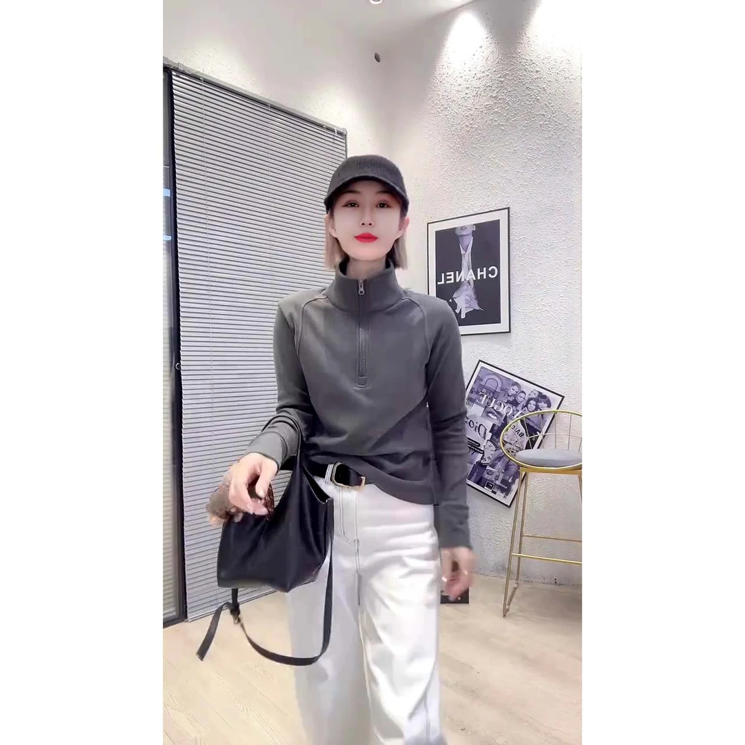 欧货新款时尚净版立领半拉链长袖打底衫