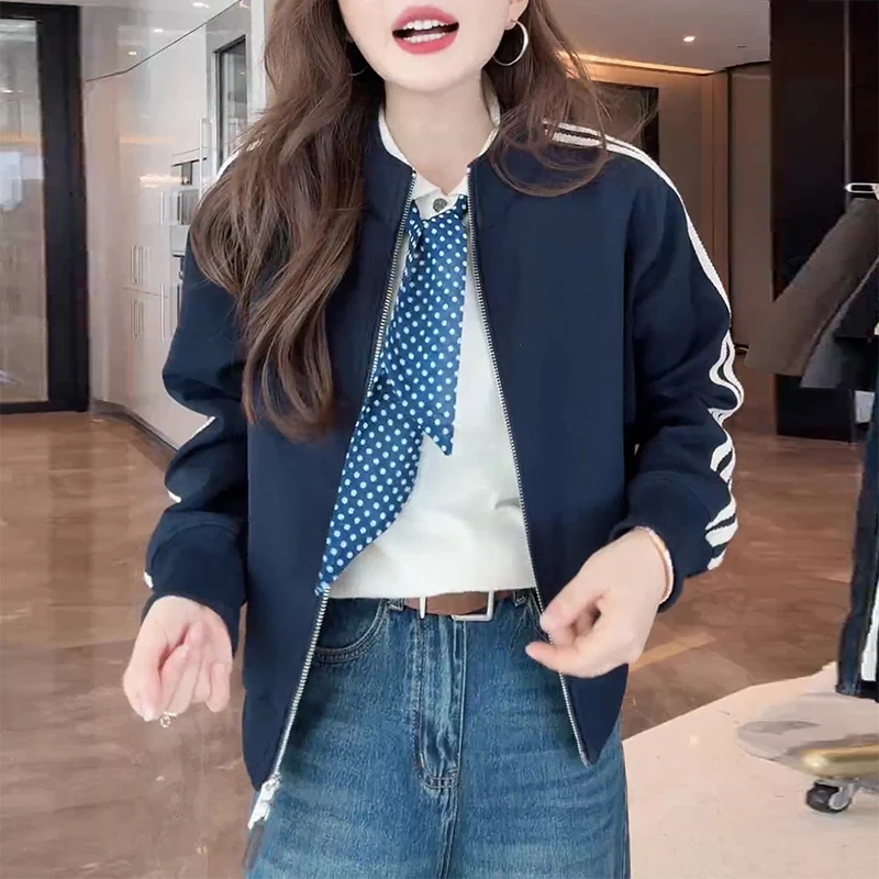 韩版时尚立领条纹棒球服外套女2025春秋新款休闲百搭短款开衫上衣