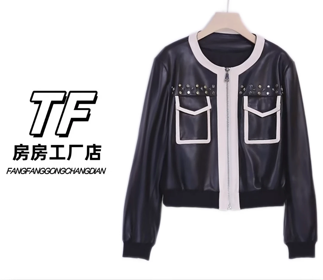 8809-1 短款常规款立领黑色小香风皮衣休闲皮衣夹克上衣气质