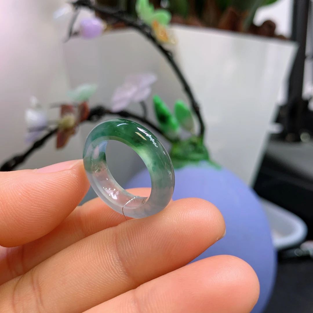 12圈口缅甸天然翡翠A货冰飘花半山水戒指387#