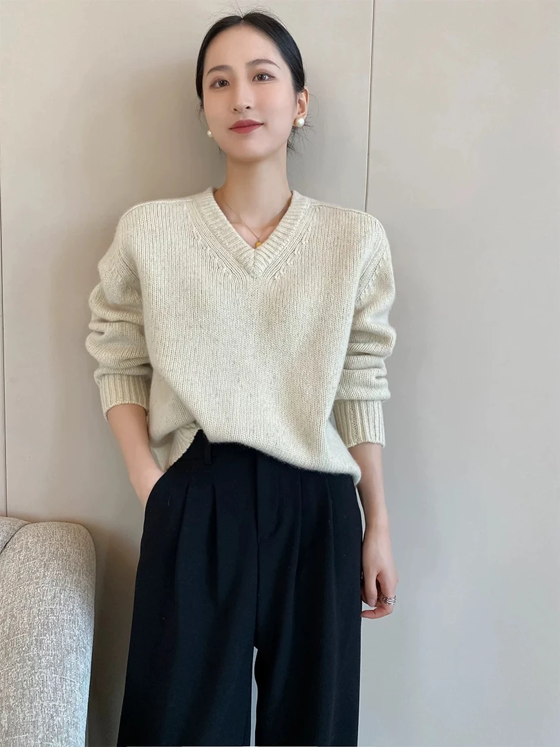 V领长袖针织衫女8797秋冬新软糯宽松显瘦加厚毛衣