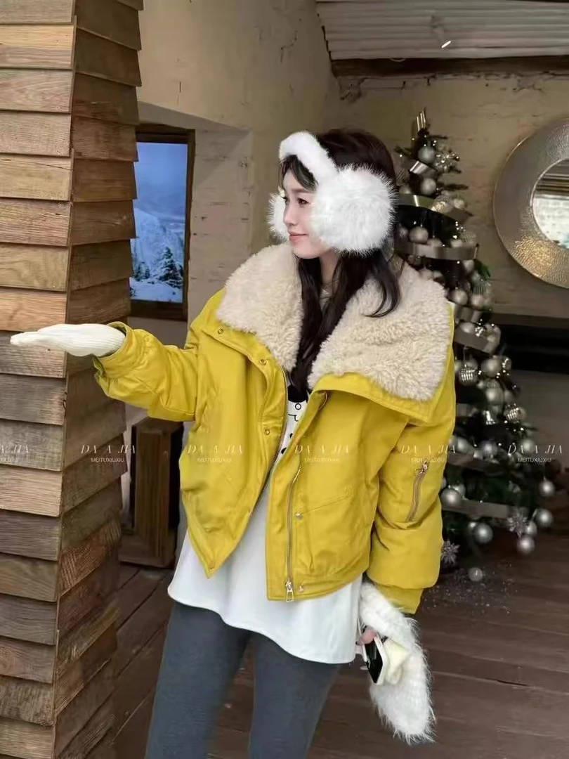 皮毛一体大翻领外套女欧洲站2024冬季新款保暖上衣潮