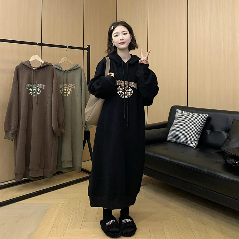 2024冬上新/BB绒加厚大码宽松复古连衣裙胖mm显瘦遮肚连帽卫衣裙