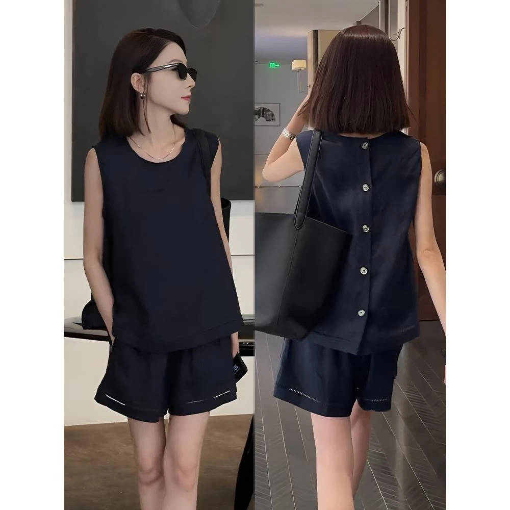 韩系慵懒穿搭时尚套装女2024年夏季新款松弛感砍袖背心+休闲短裤