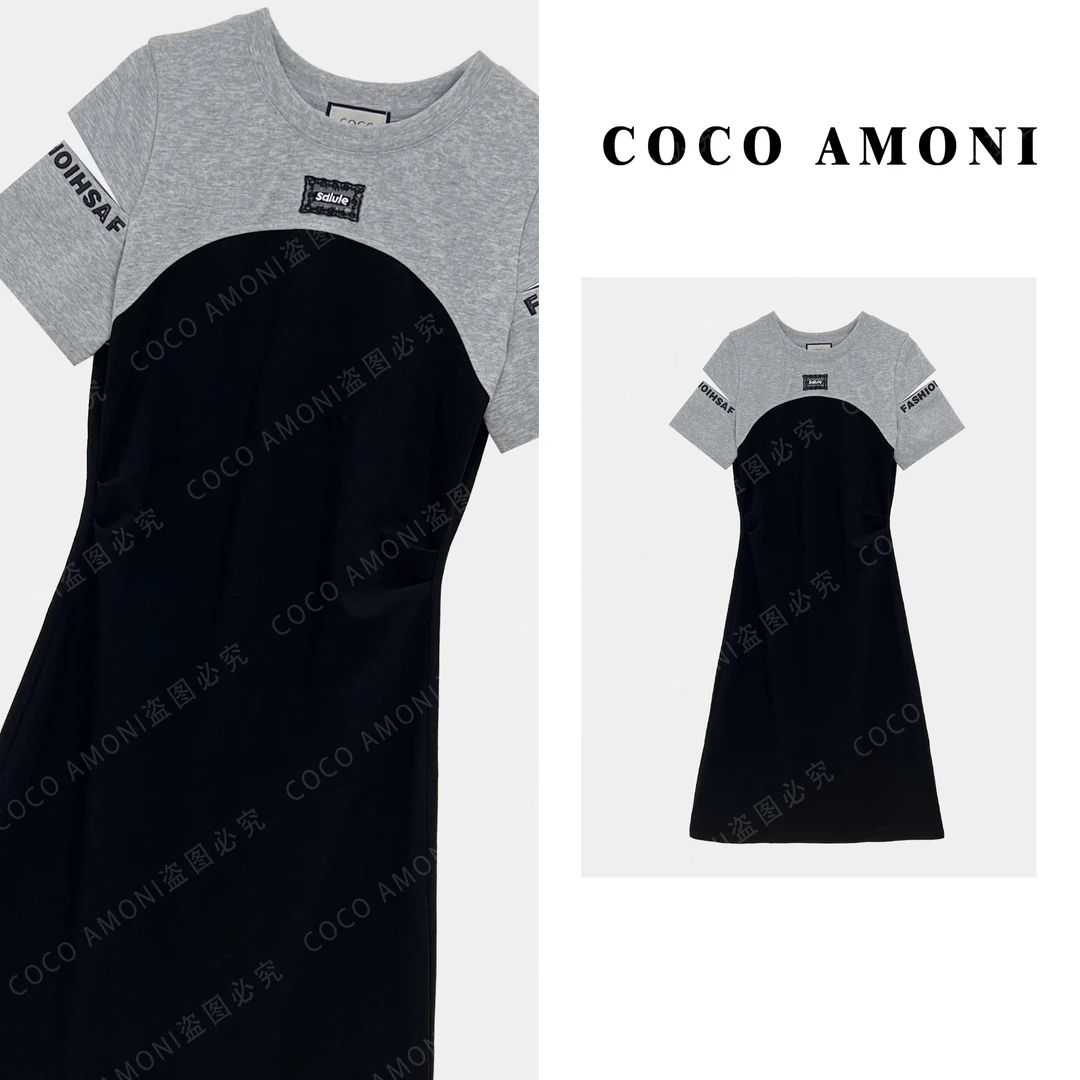 设计高级感气质夏日时尚女装拼接假两件收腰显瘦连衣裙ZC481