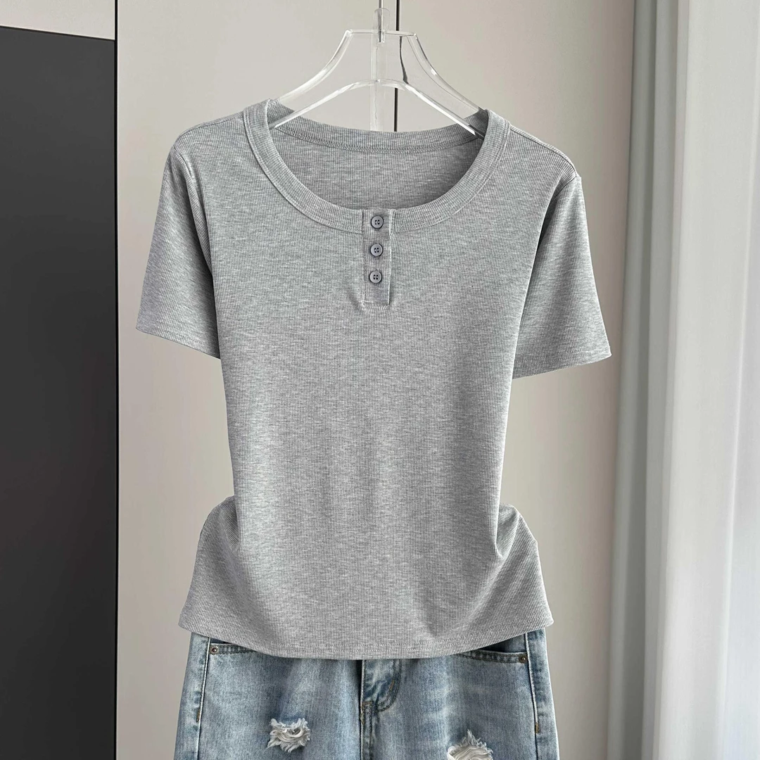 螺纹纽扣圆领短袖t恤女2025春夏季新款内搭半袖打底上衣潮