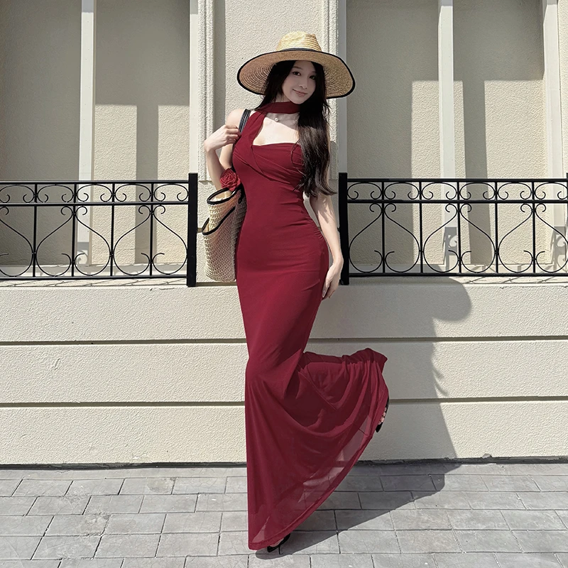 【度假日】性感红色连衣裙女夏季高级感气质海边度假网纱修身抹胸裙