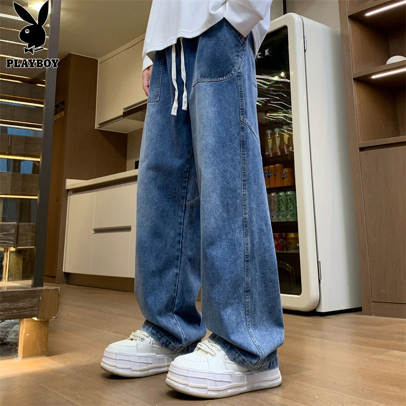 花花公子抽绳松紧腰牛仔裤春秋季美式复古高街vibe阔腿垂感微喇裤