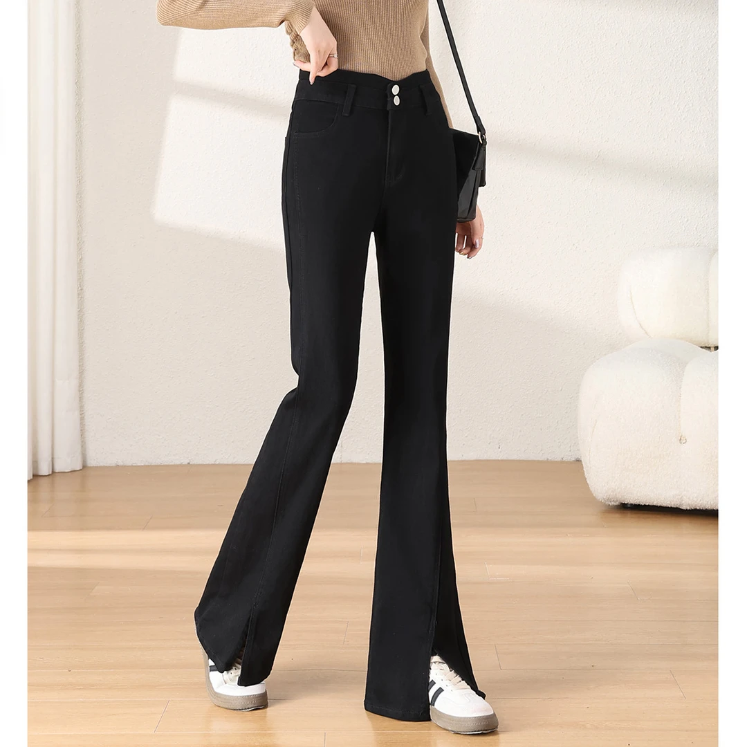 尚静水洗高腰修身开衩微弹牛仔裤2024秋季新款时尚黑色显瘦微喇裤