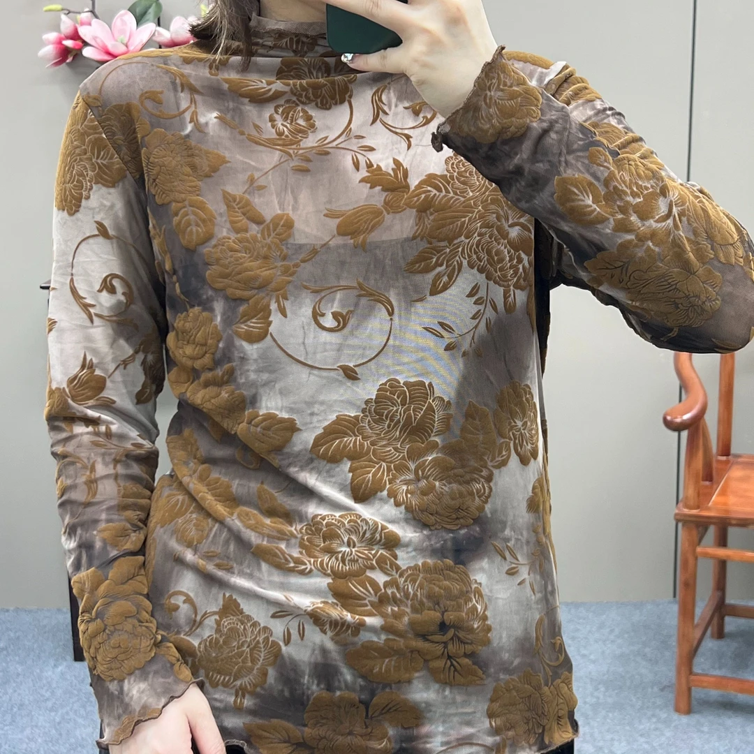 三姐家2024秋冬款新中式提花丝绒微透打底小衫