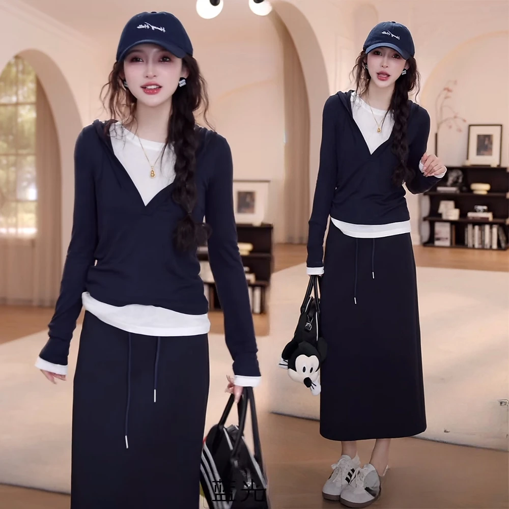 气质显瘦撞色拼接假两件长袖连帽上衣+半身长裙洋气休闲时尚套装