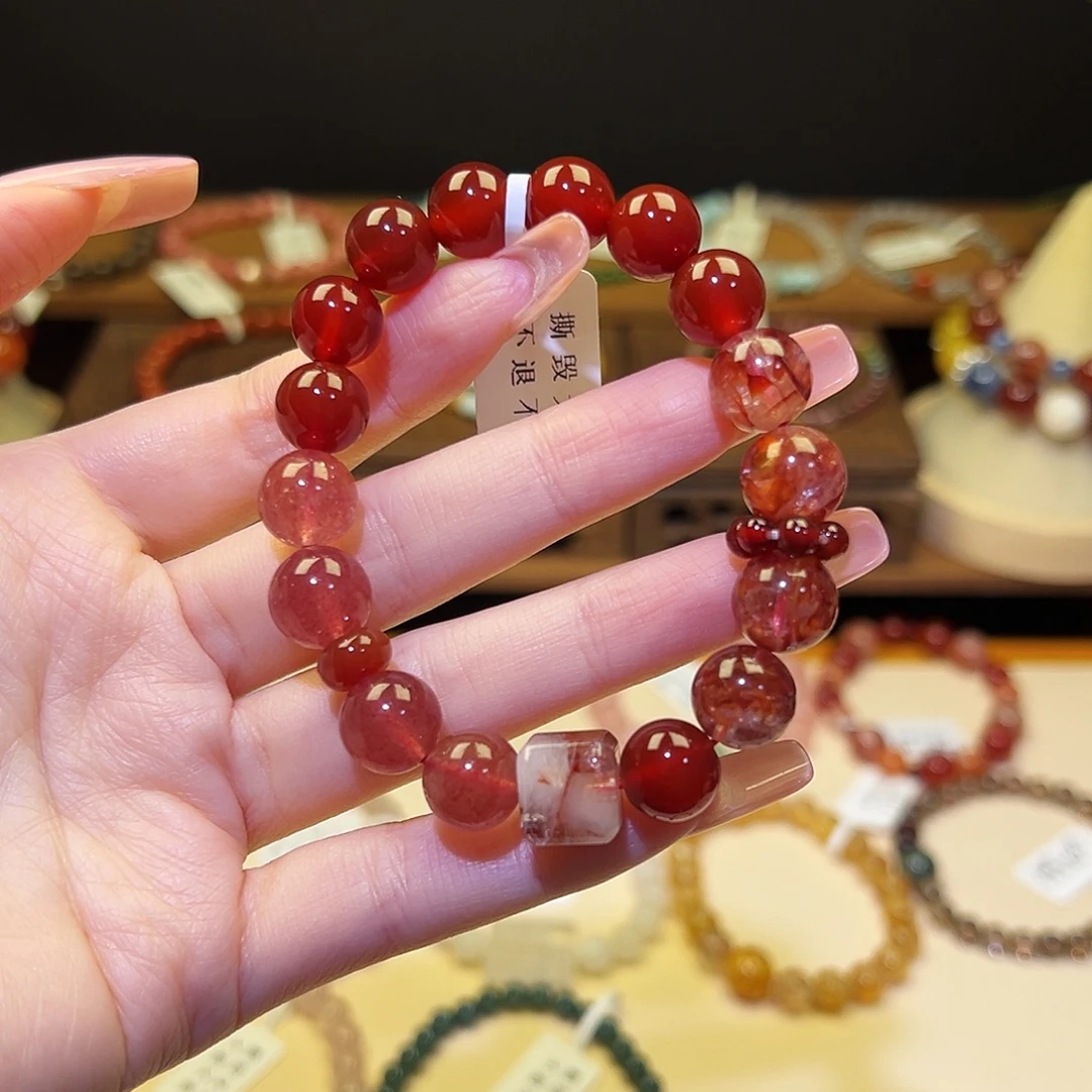 水晶手串银S925镀金镶嵌红1332