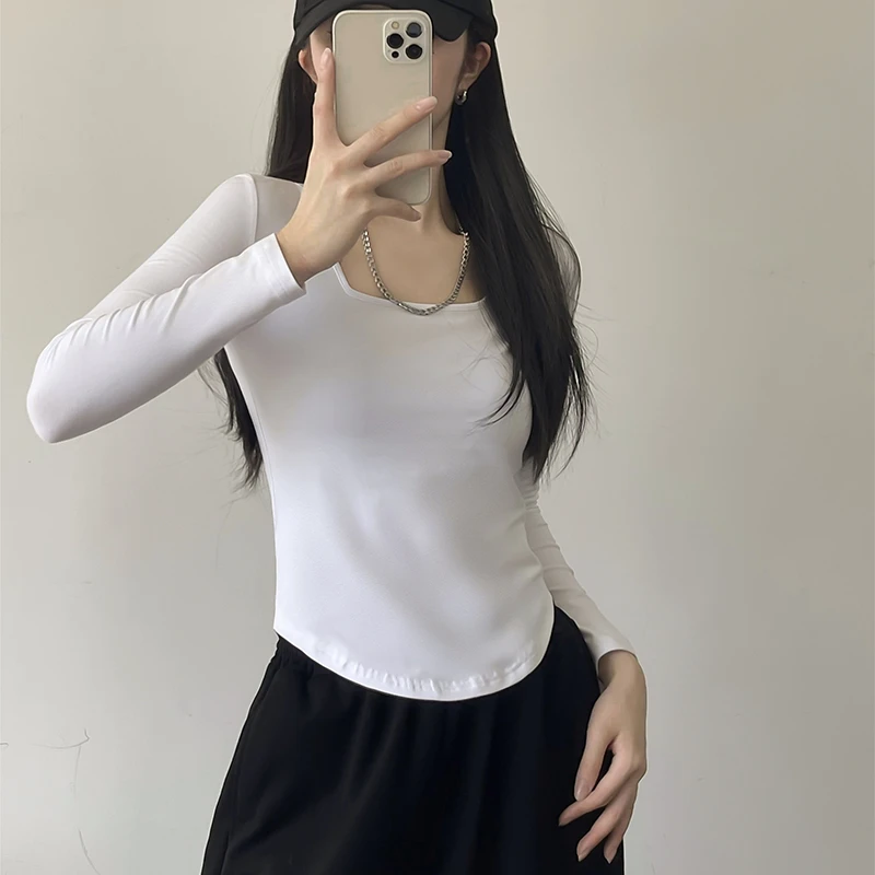 棉质方领打底衫女春秋显瘦内搭长袖t恤黑色弧形下摆修身上衣潮