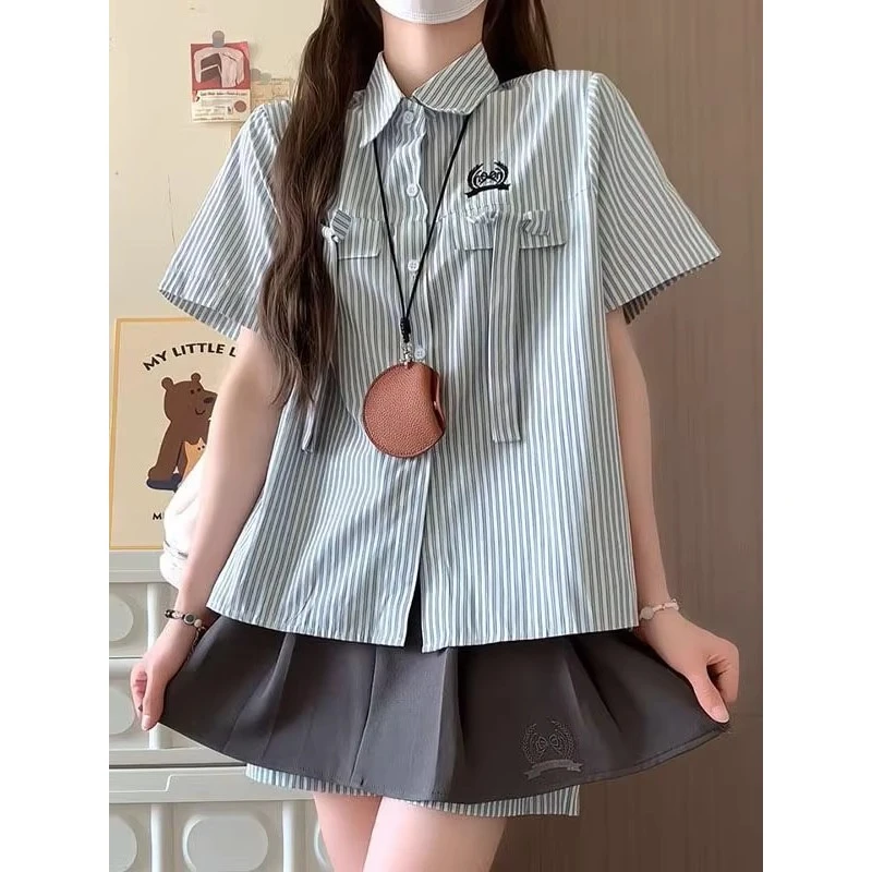 日系学院风条纹蝴蝶结短袖衬衫女小众条纹设计感夏季衬衣裙子套装