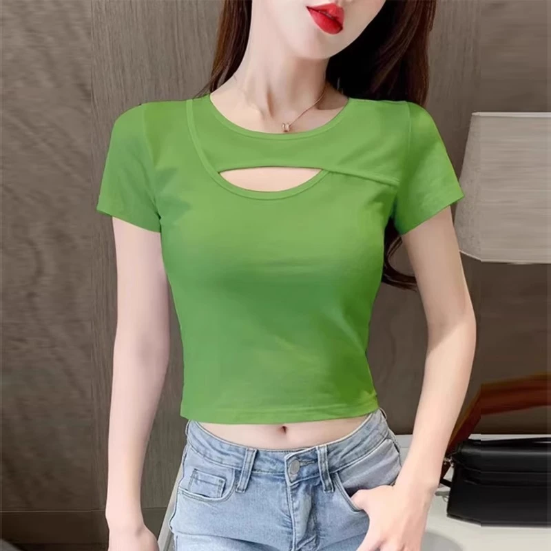短袖女上衣时尚气质洋气性感镂空t恤春夏季收腰修身短款打底小衫
