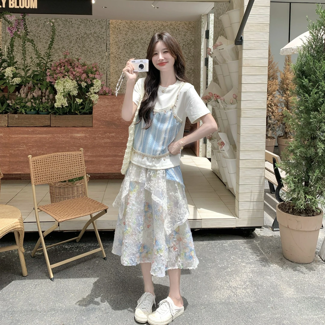 甜美设计假两件上衣套装女夏新款小个子蕾丝刺绣印花半身裙两件套