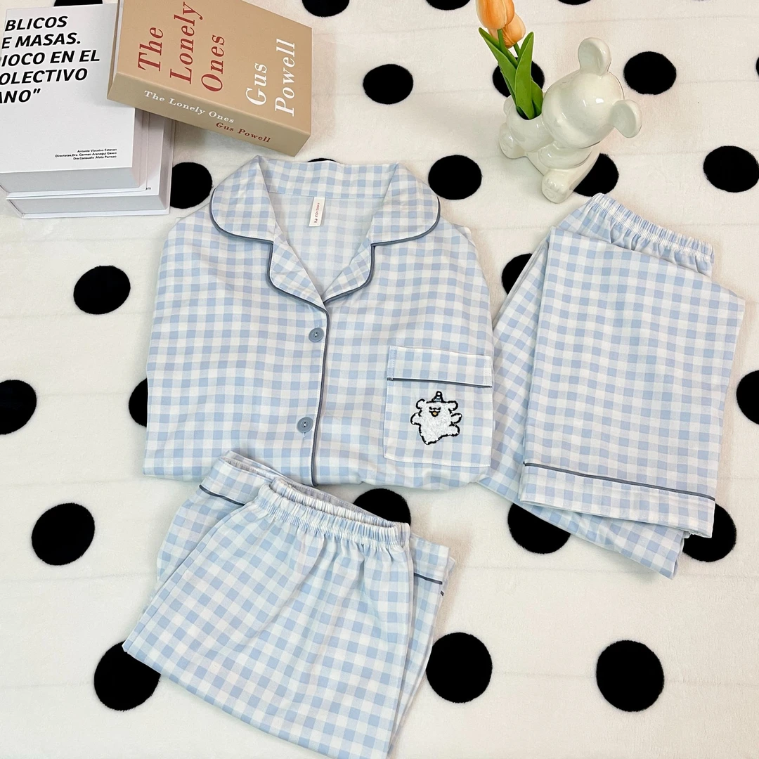 春季新款小狗睡衣三件套翻领短袖动漫卡通可外穿休闲家居服套装