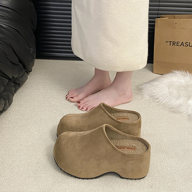 厚底内增高丑萌加绒包头勃肯棉拖鞋女2025冬季新款小个子毛毛半拖