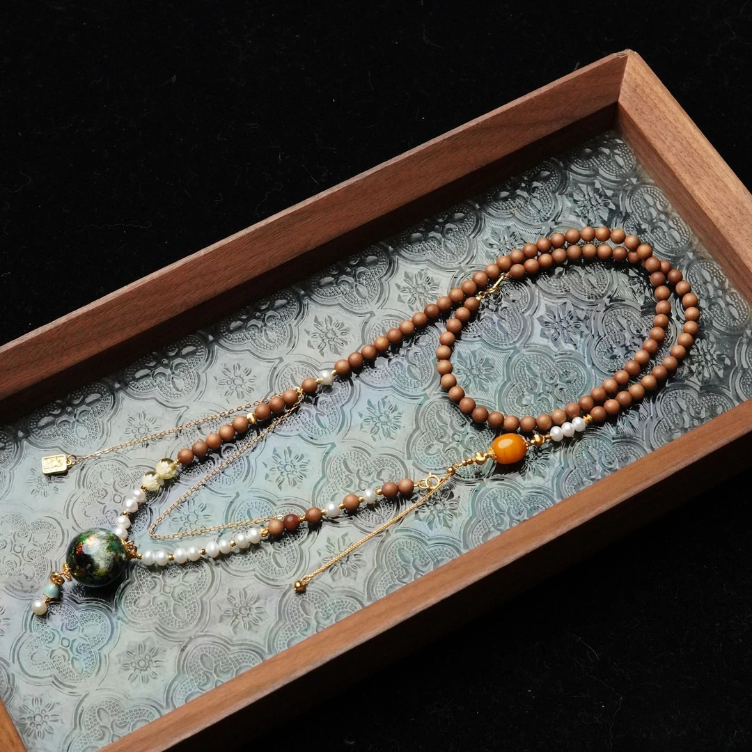 醒春集 天然印度黑肉老山檀5mm圆珠顶珠大漆18mm项链