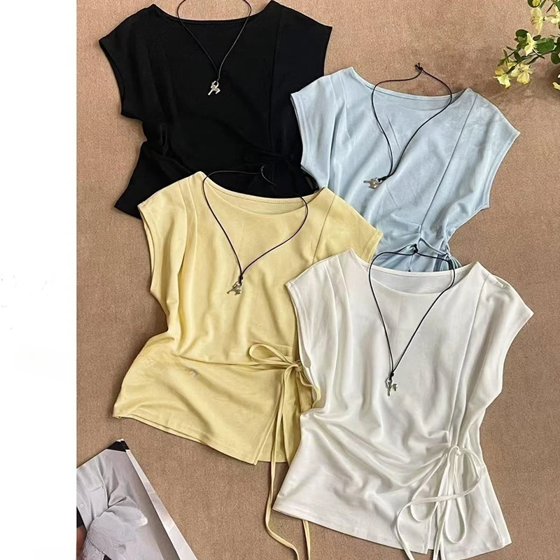 韩系绑带褶皱收腰圆领短袖T恤2025夏季新款设计感流行洋气衣服女