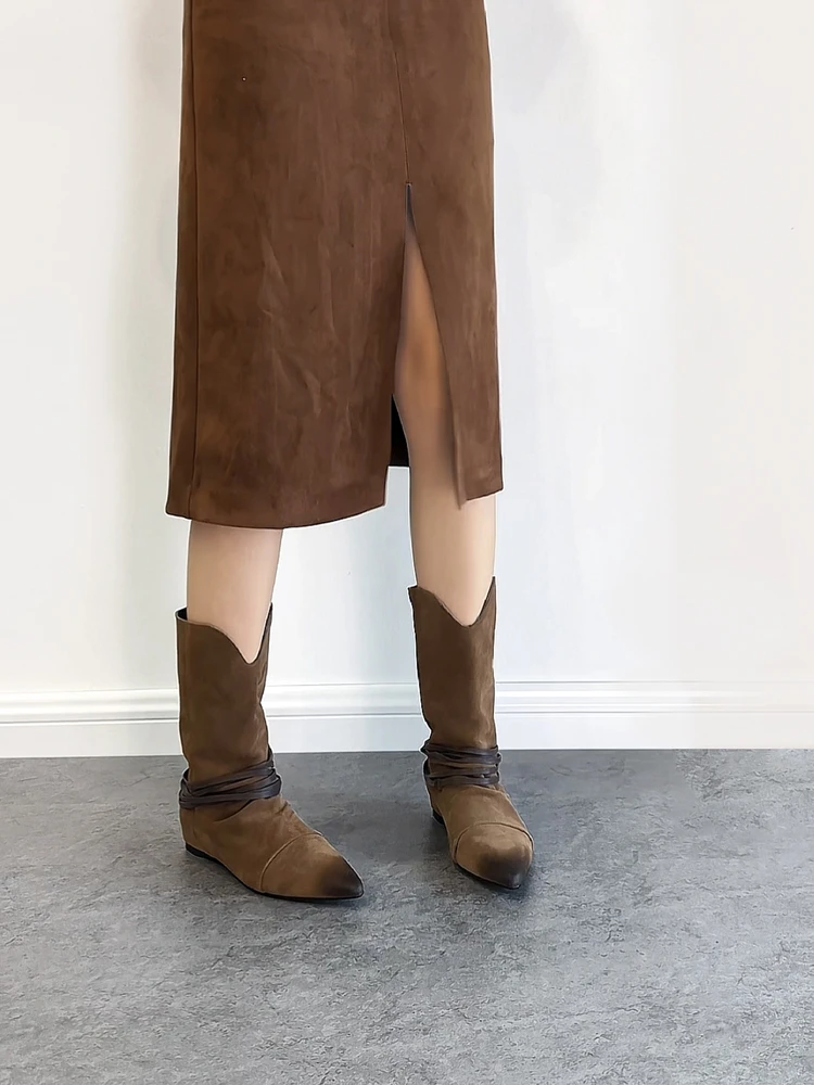 法式覆古设计感内增高中跟尖头绑带显瘦磨砂覆古舒适短靴西部靴女