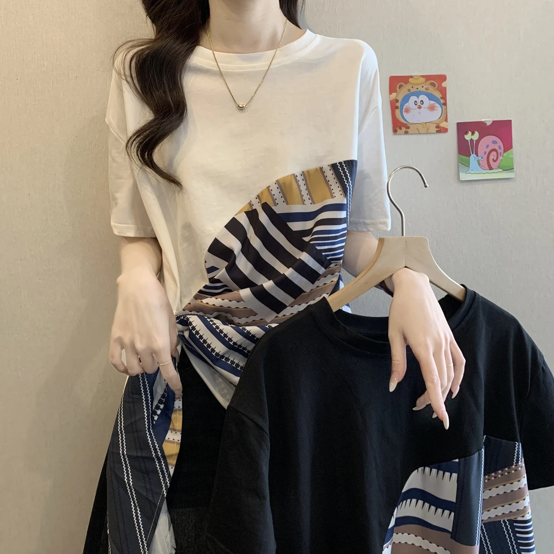 大码女装不规则t恤女2025年新款爆款洋气体恤设计感收腰别致上衣