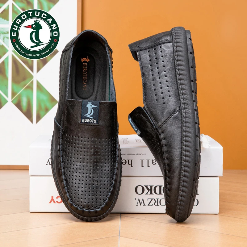 官方正品夏季新款凉真皮休闲一脚蹬软底镂空男士夏季奢侈品男皮鞋