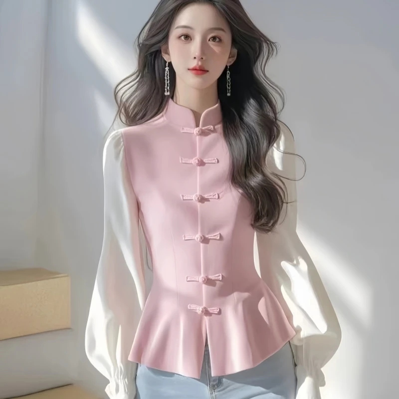 新中式国风高级感粉白撞色盘扣修身长袖衬衫女性轻奢减龄洋气2025