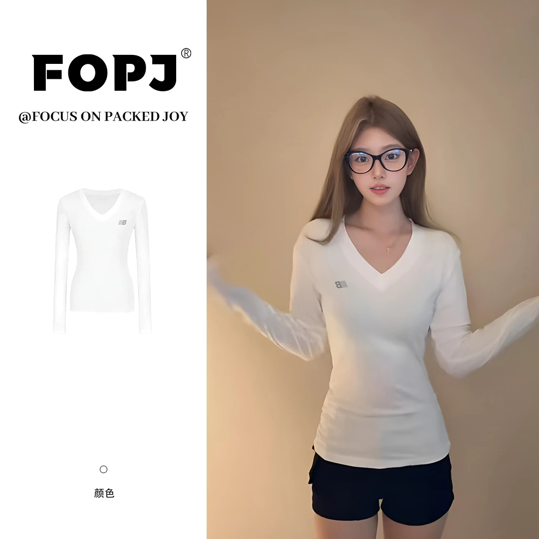 FOPJ美式学院风时尚长袖女早秋复古潮牌设计感V领修身显瘦上衣ins