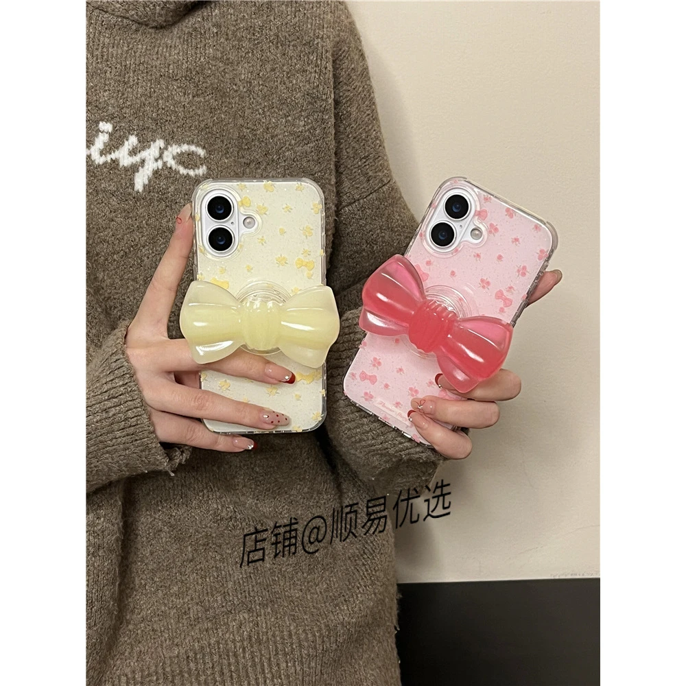 超仙闪粉碎花蝴蝶结支架适用于苹果15手机壳iPhone16防摔13/14女