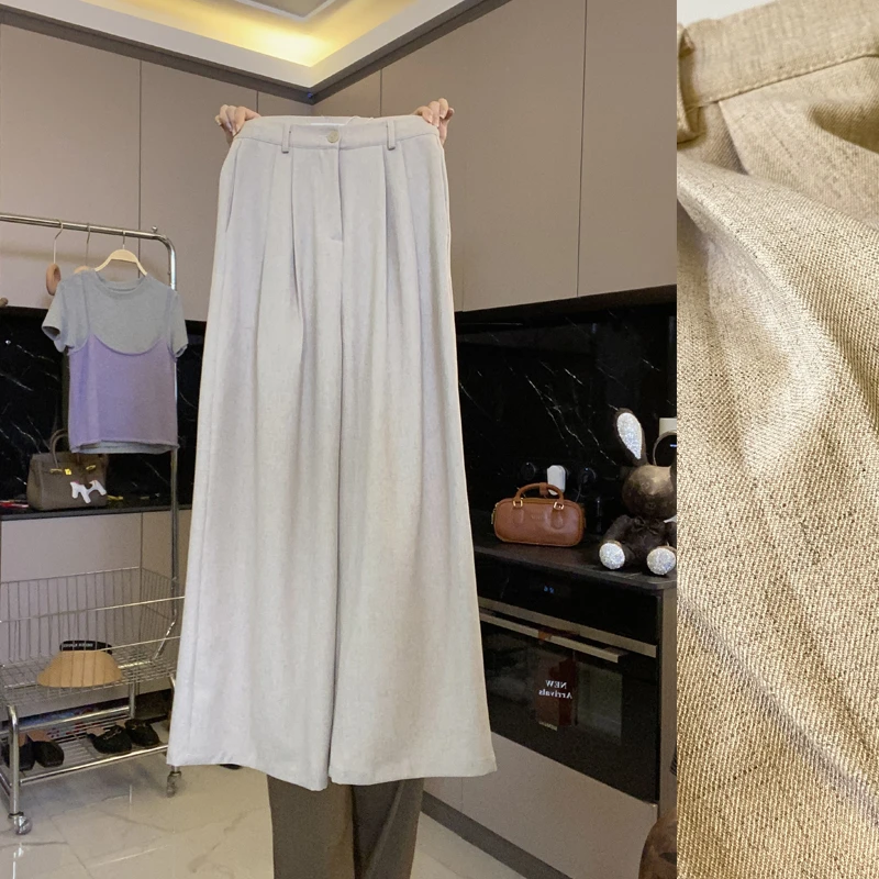 【亚麻裤】燕麦色休闲裤女垂感高腰阔腿裤直筒时尚百搭宽松长裤