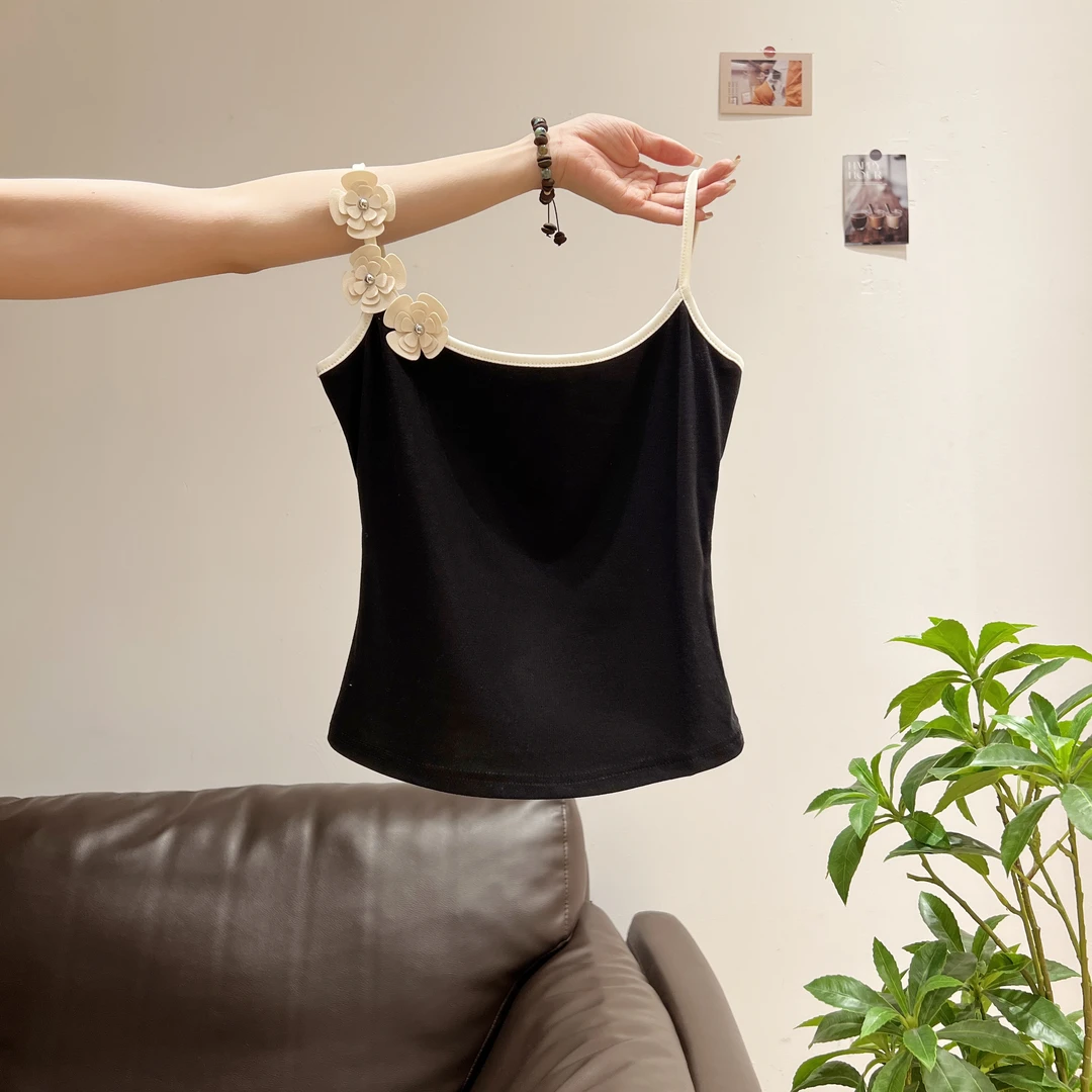 2025纯欲黑色手工花吊带背心女夏季新款辣妹修身设计感无袖上衣