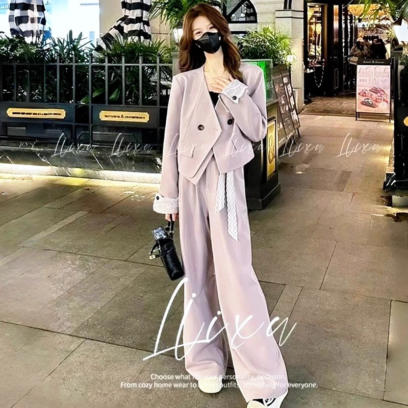 【现货】时尚西装套装女春韩系蕾丝拼接西服短外套高腰阔腿裤两件套