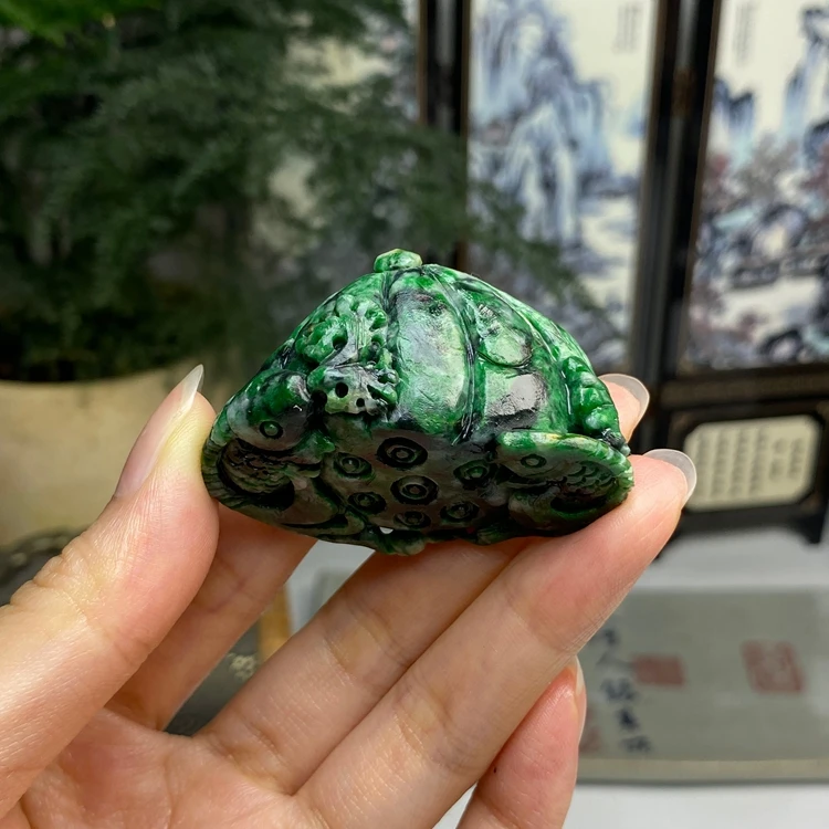 毛货 藓加绿辣色鱼戏荷花挂件手把摆件 天然翡翠A货