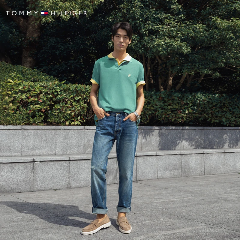 Tommy秋冬男纯棉休闲铆钉排扣美式复古潮流破洞锥形裤牛仔裤35174