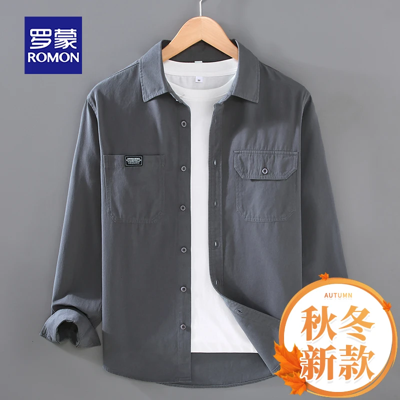 罗蒙秋季纯棉工装衬衫长袖休闲纯色美式百搭潮流痞帅慵懒风男装