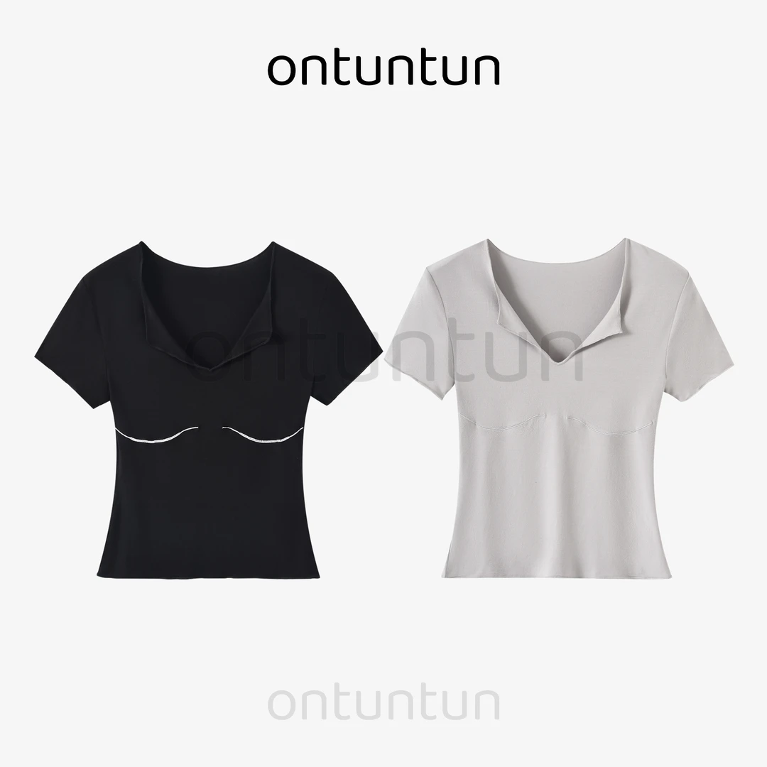 【坨坨耶】5/17新品 刺绣设计感 翻边V领双色收腰简约T恤