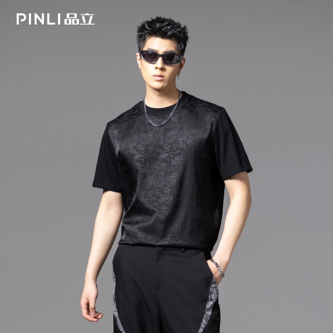 PINLI品立夏季提花拼接圆领短袖T恤潮牌男休闲宽松上衣B252111069