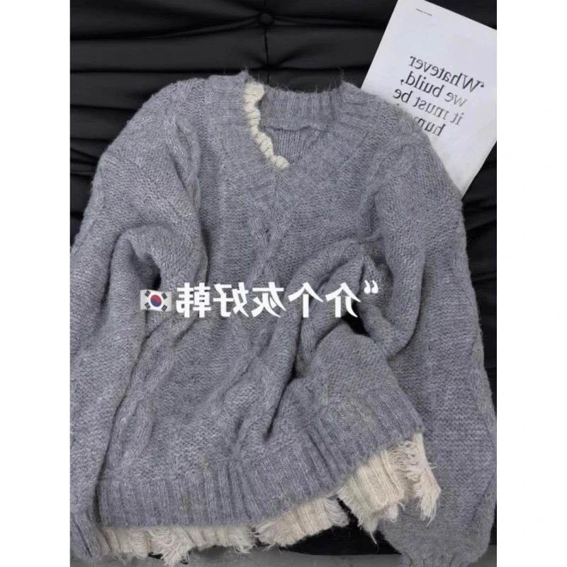 清仓韩版灰色拼接假两件毛衣女秋冬加厚软糯高级感宽松慵懒针织衫