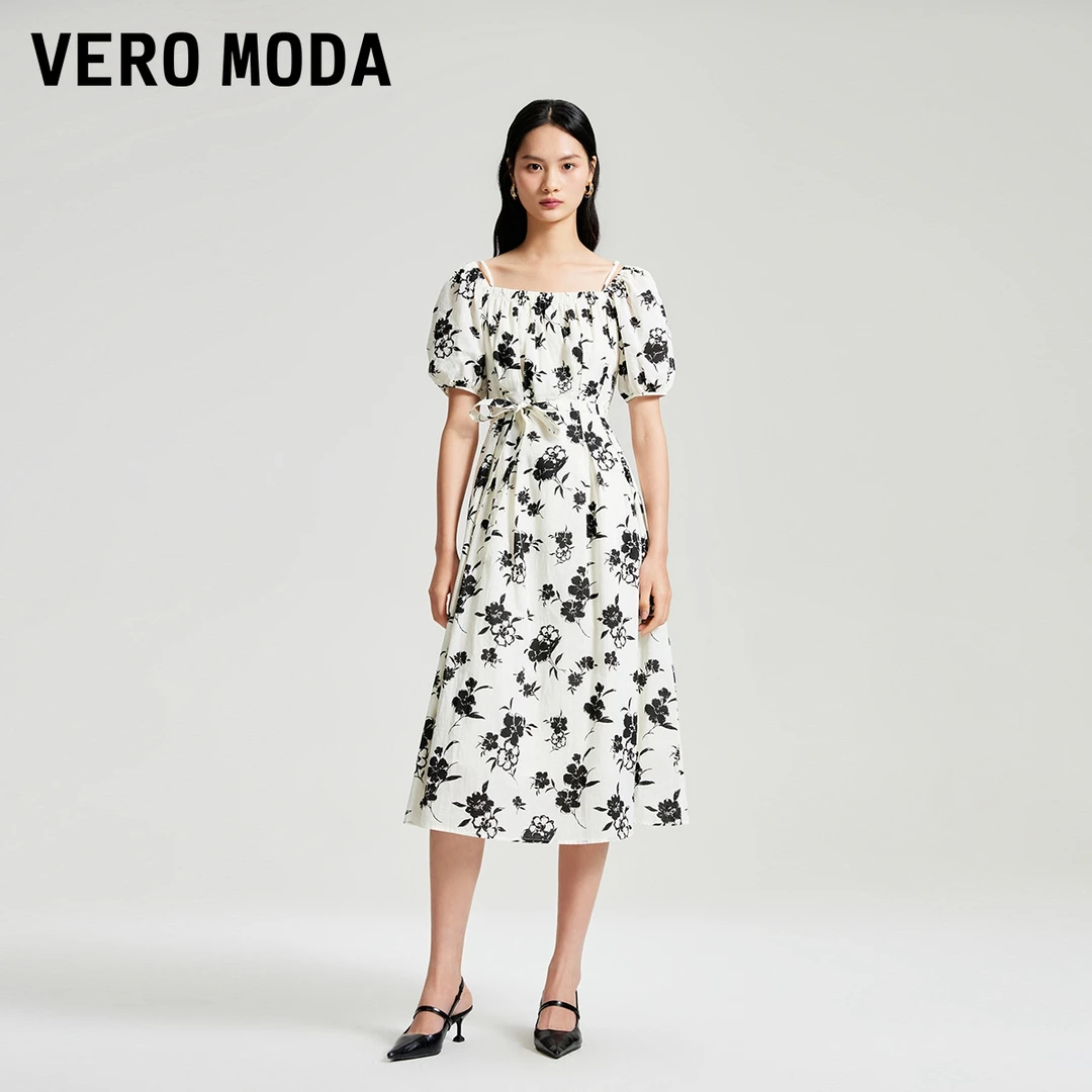 【艾钱钱专属】Vero Moda连衣裙名媛印花方领泡泡袖32427B007