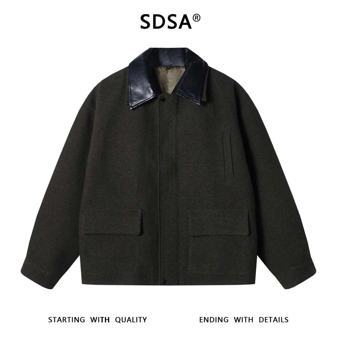 SDSA男士秋冬新款痞帅男装美式简约拼皮翻领设计夹克外套复古百搭