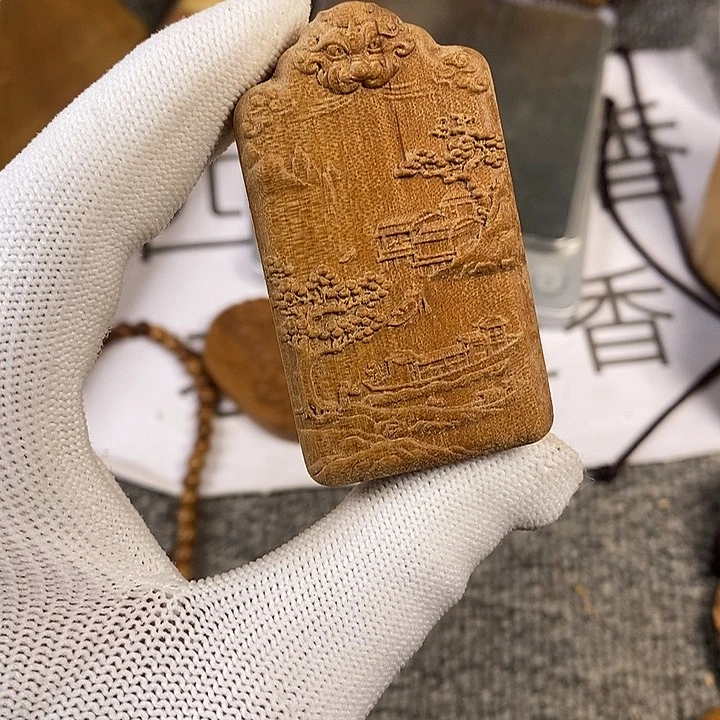 檀香木手串/手链老山檀香雕刻山水牌吊坠