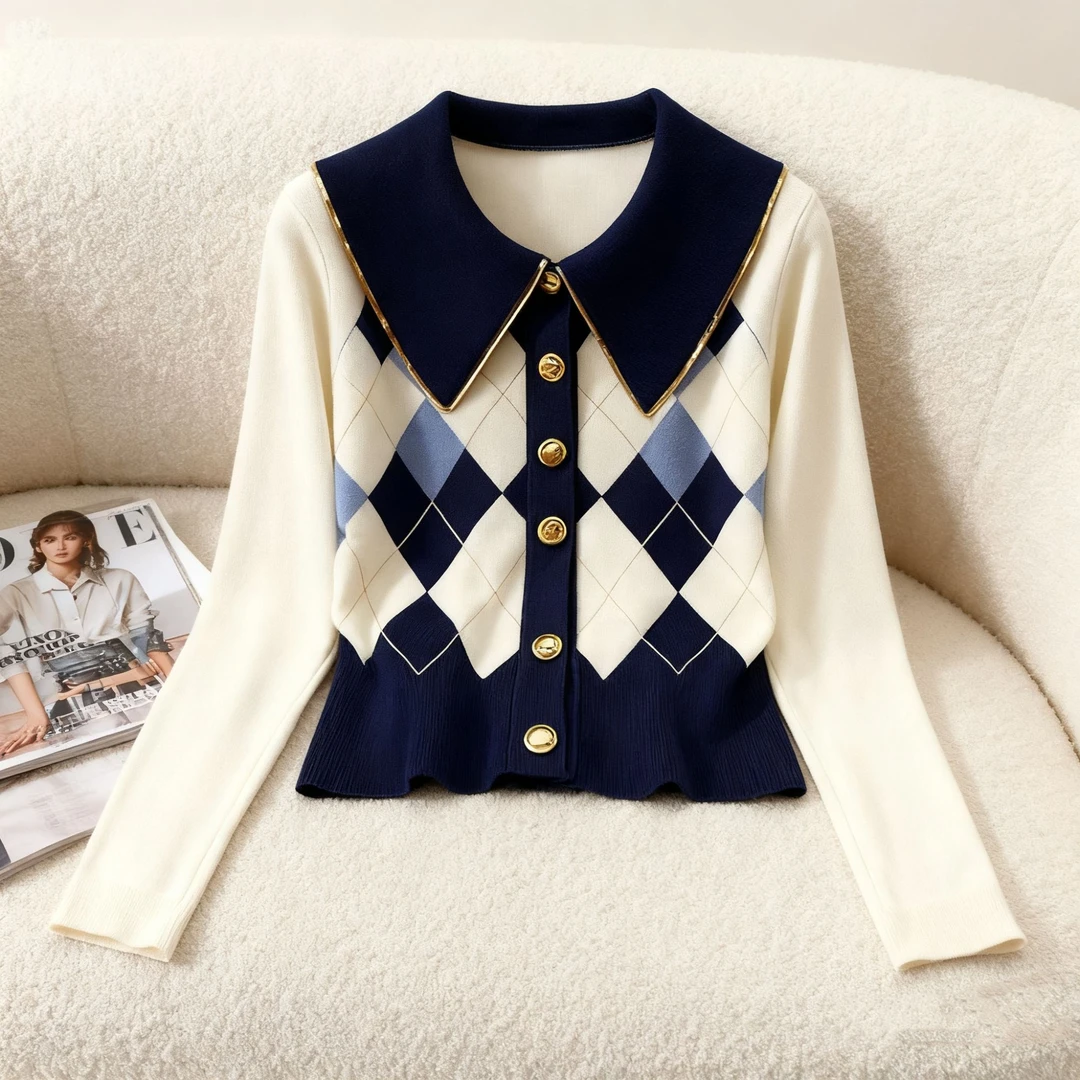 韩系chic别致蓝白撞色菱格针织开衫女秋季新款小香风收腰毛衣针织