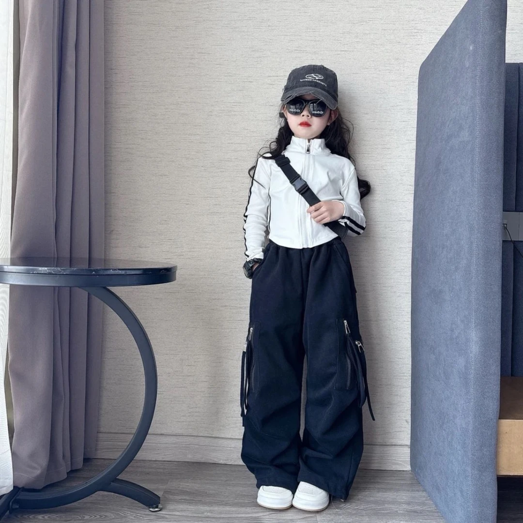 女童春装套装2025新款女大童洋气潮酷休闲外套工装裤阔腿裤两件套