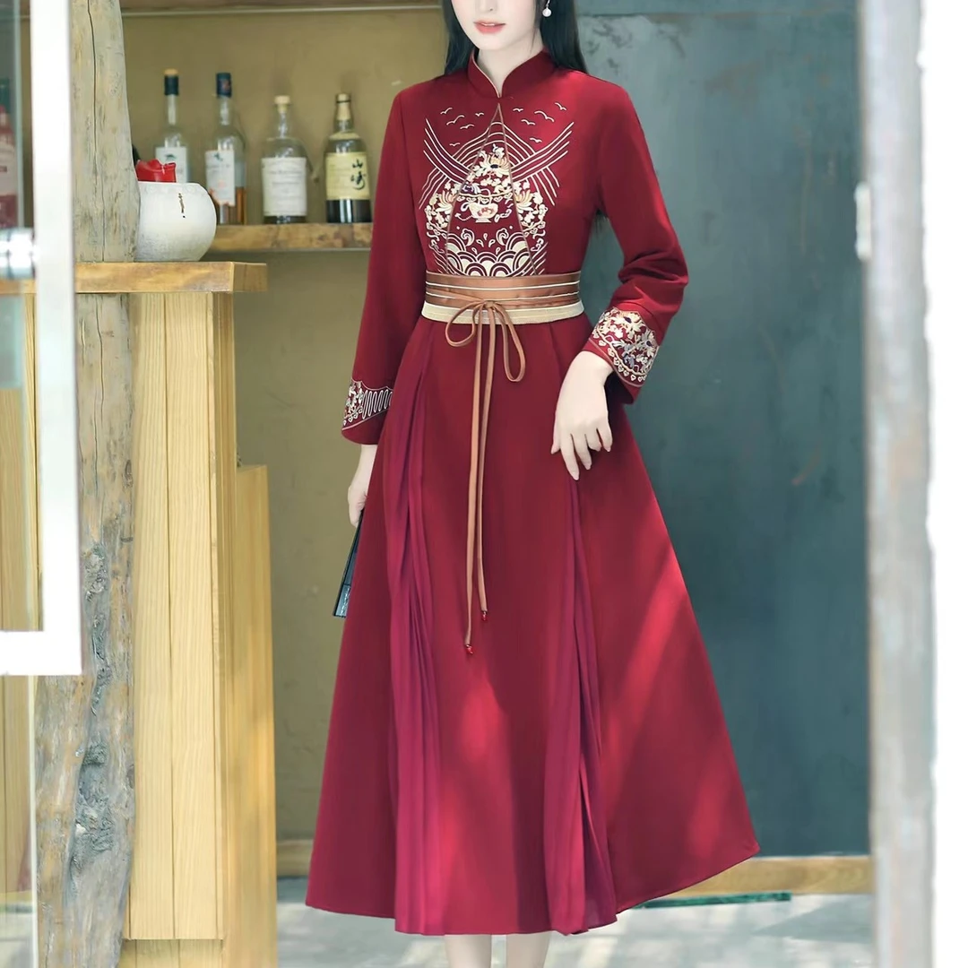 2299新中式国风气质重工刺绣修身显瘦长款连衣裙Y